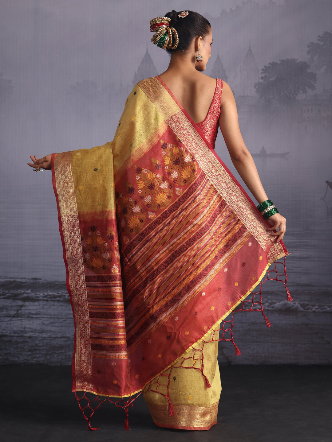  Libas Yellow Silk Blend Saree with Floral Woven Pallu 