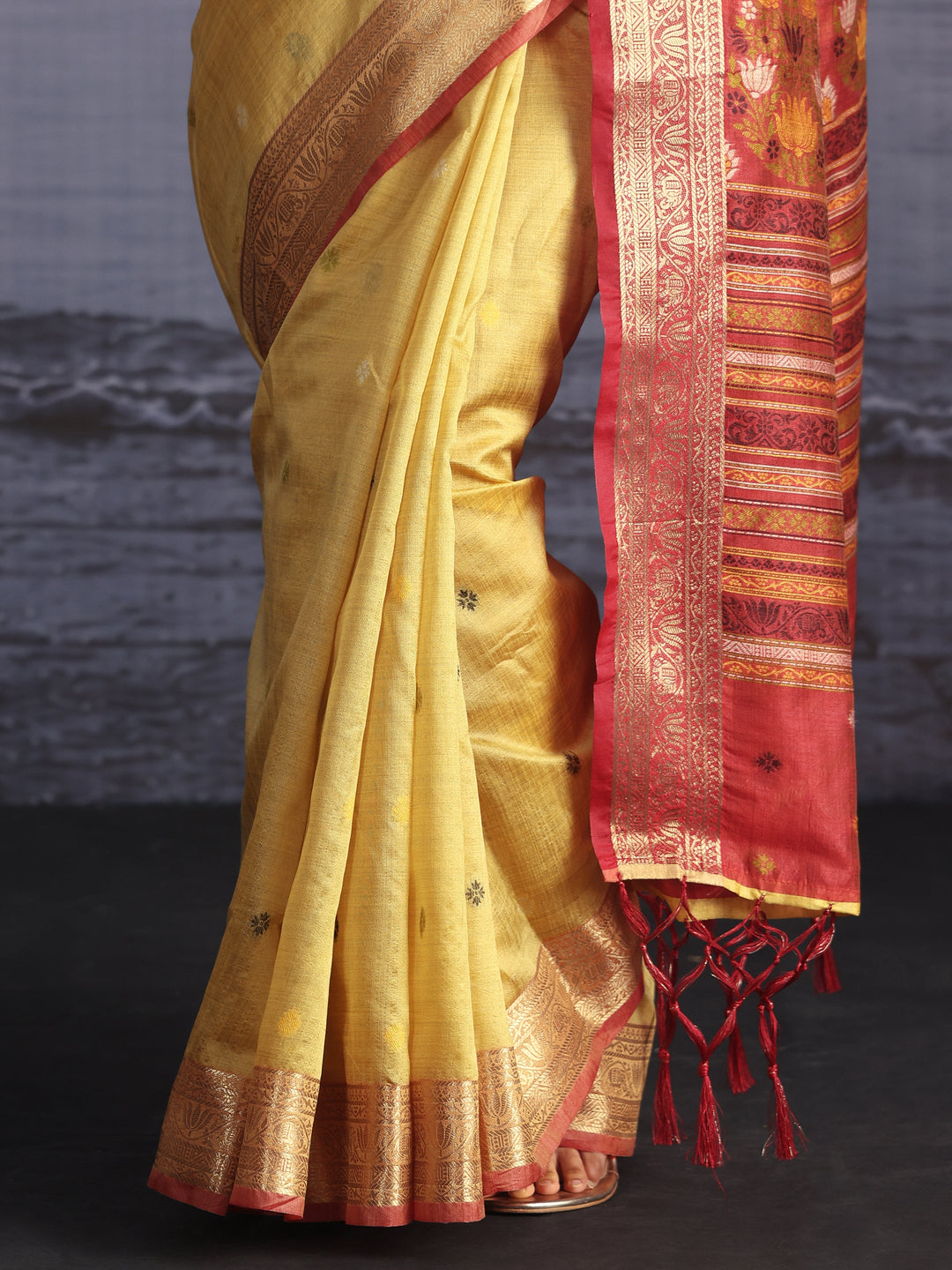  Libas Yellow Silk Blend Saree with Floral Woven Pallu 