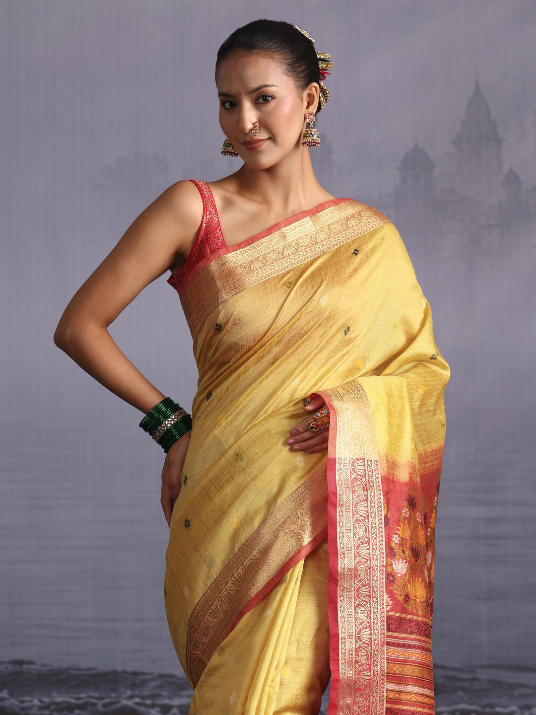  Libas Yellow Silk Blend Saree with Floral Woven Pallu 