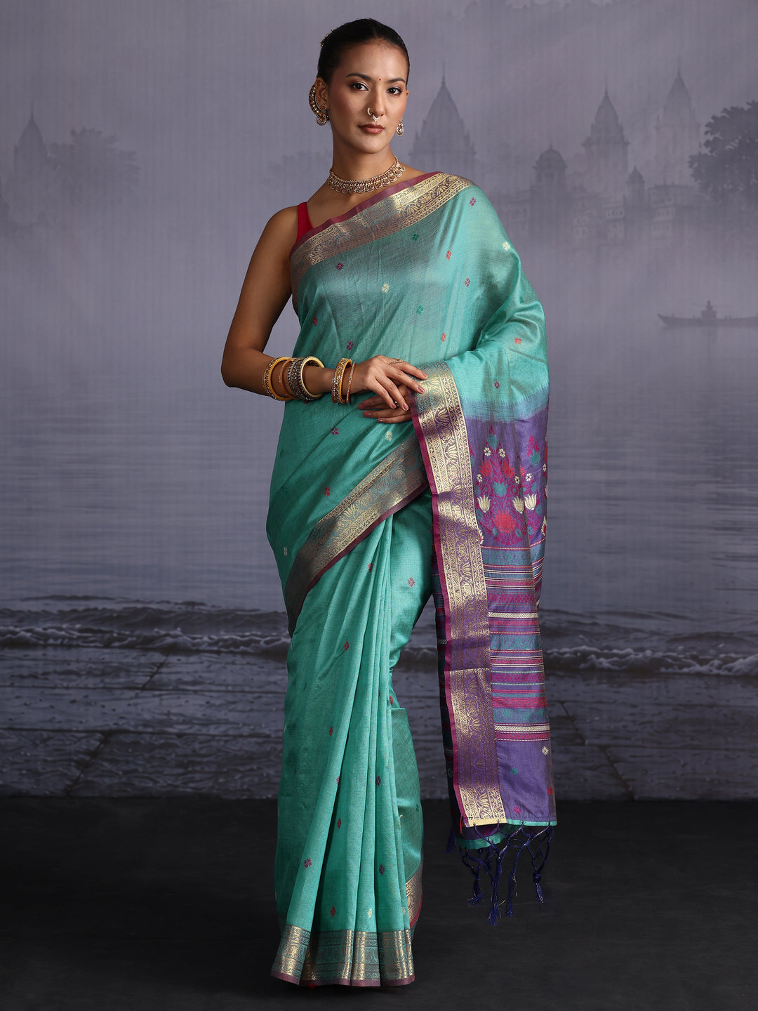  Libas Sea Green Silk Blend Saree with Floral Woven Pallu 