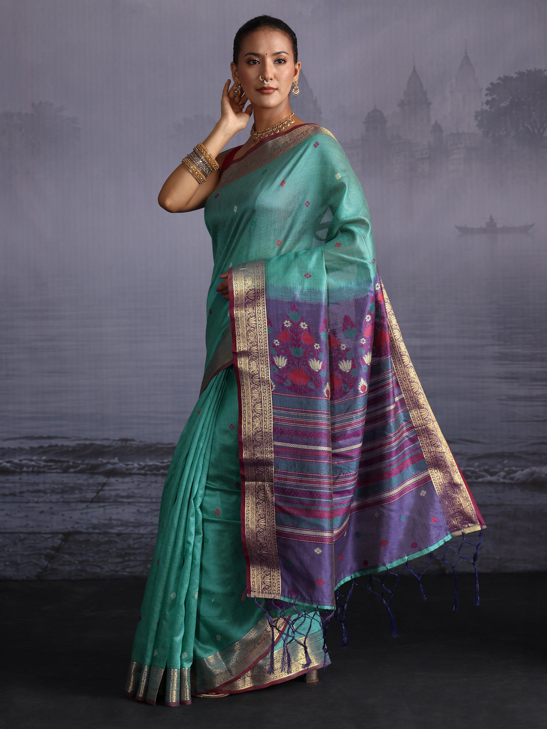  Libas Sea Green Silk Blend Saree with Floral Woven Pallu 
