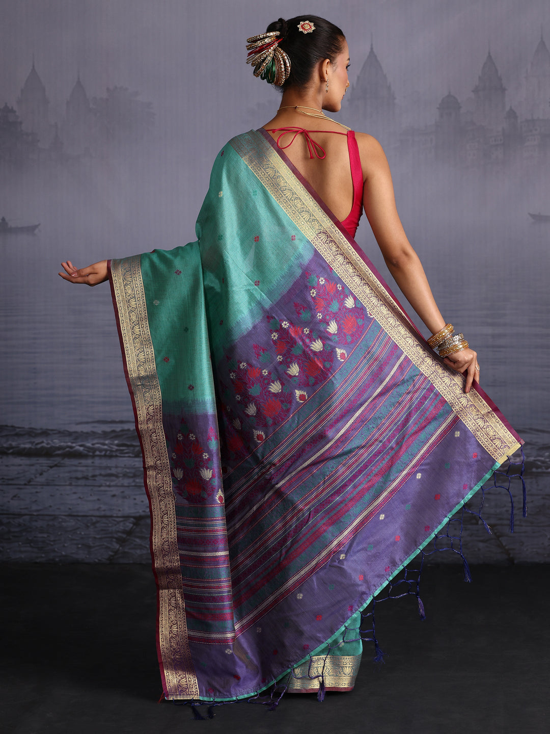  Libas Sea Green Silk Blend Saree with Floral Woven Pallu 
