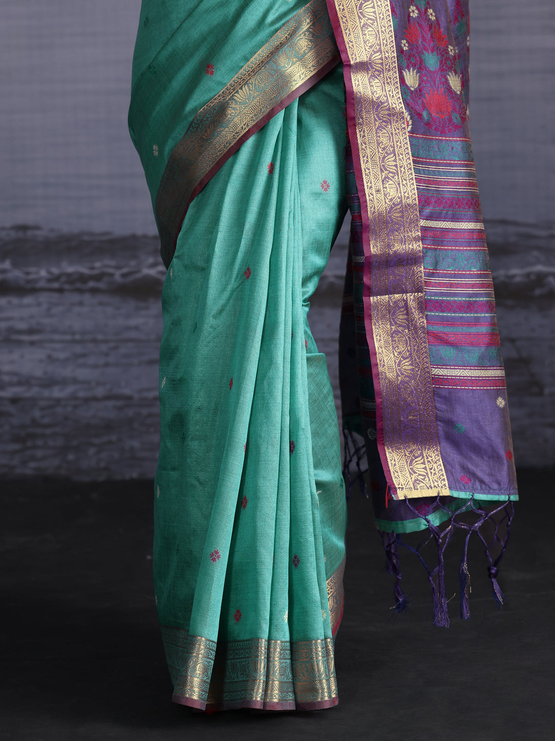  Libas Sea Green Silk Blend Saree with Floral Woven Pallu 