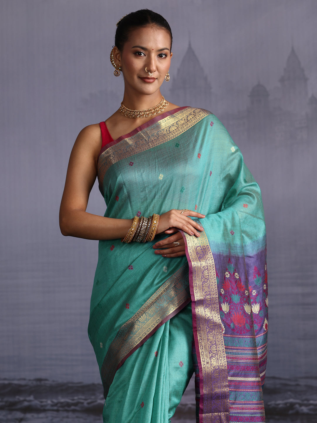  Libas Sea Green Silk Blend Saree with Floral Woven Pallu 