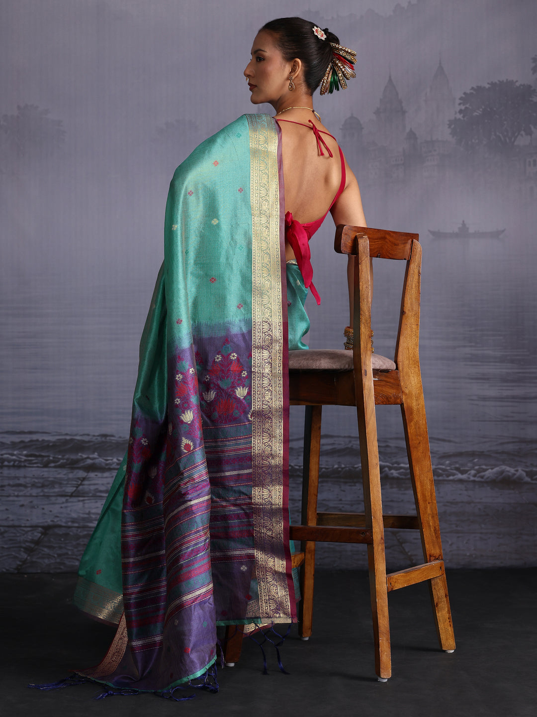  Libas Sea Green Silk Blend Saree with Floral Woven Pallu 