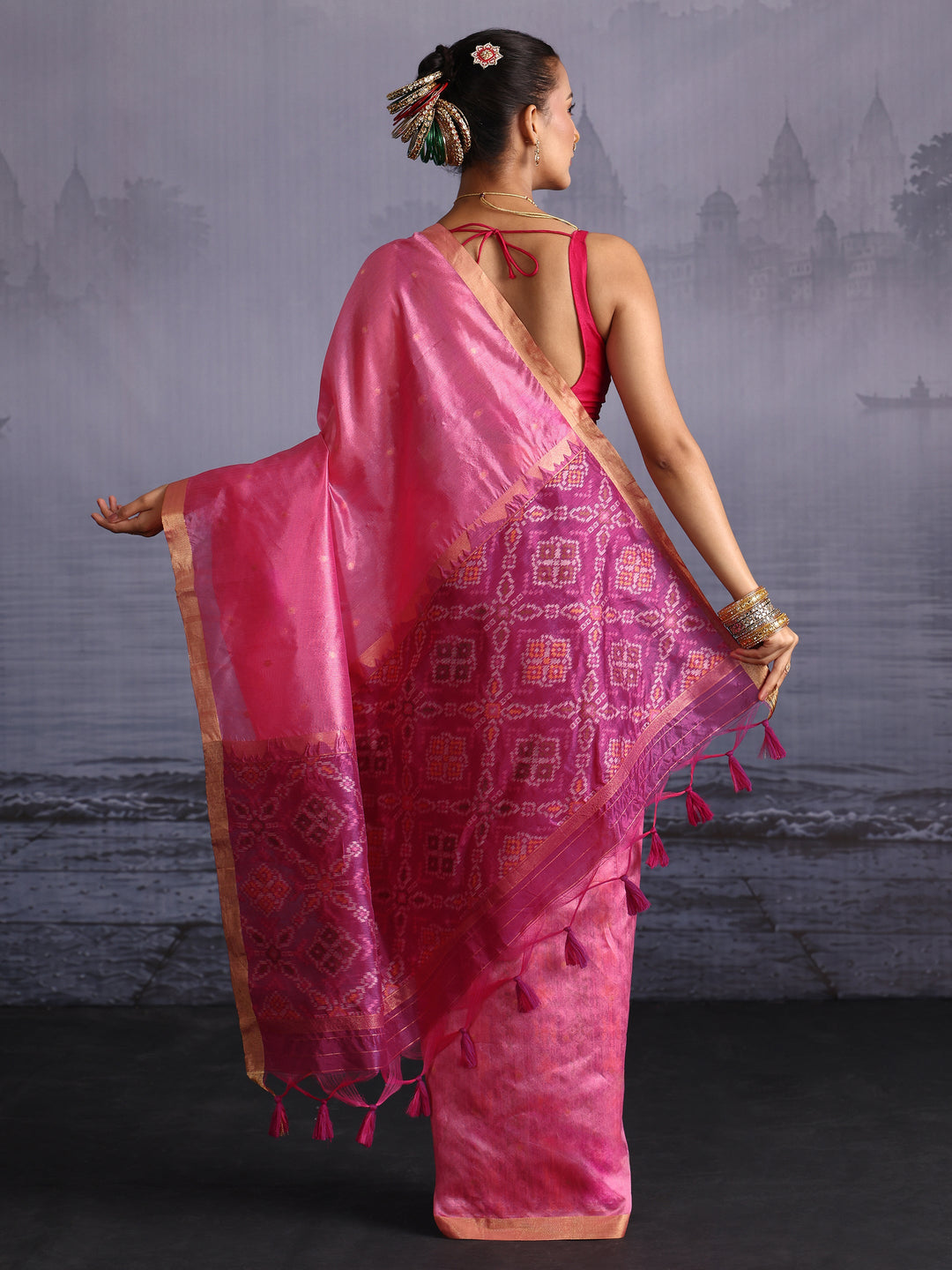  Libas Pink Bandhani Print Pallu Silk Blend Tassel Saree 