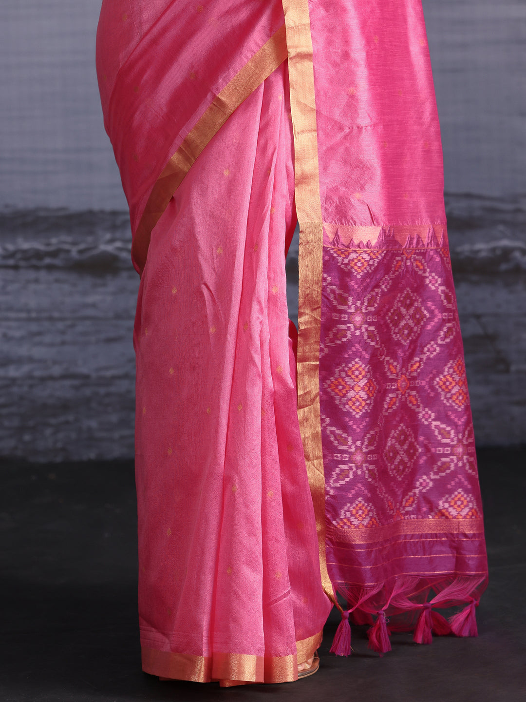  Libas Pink Bandhani Print Pallu Silk Blend Tassel Saree 