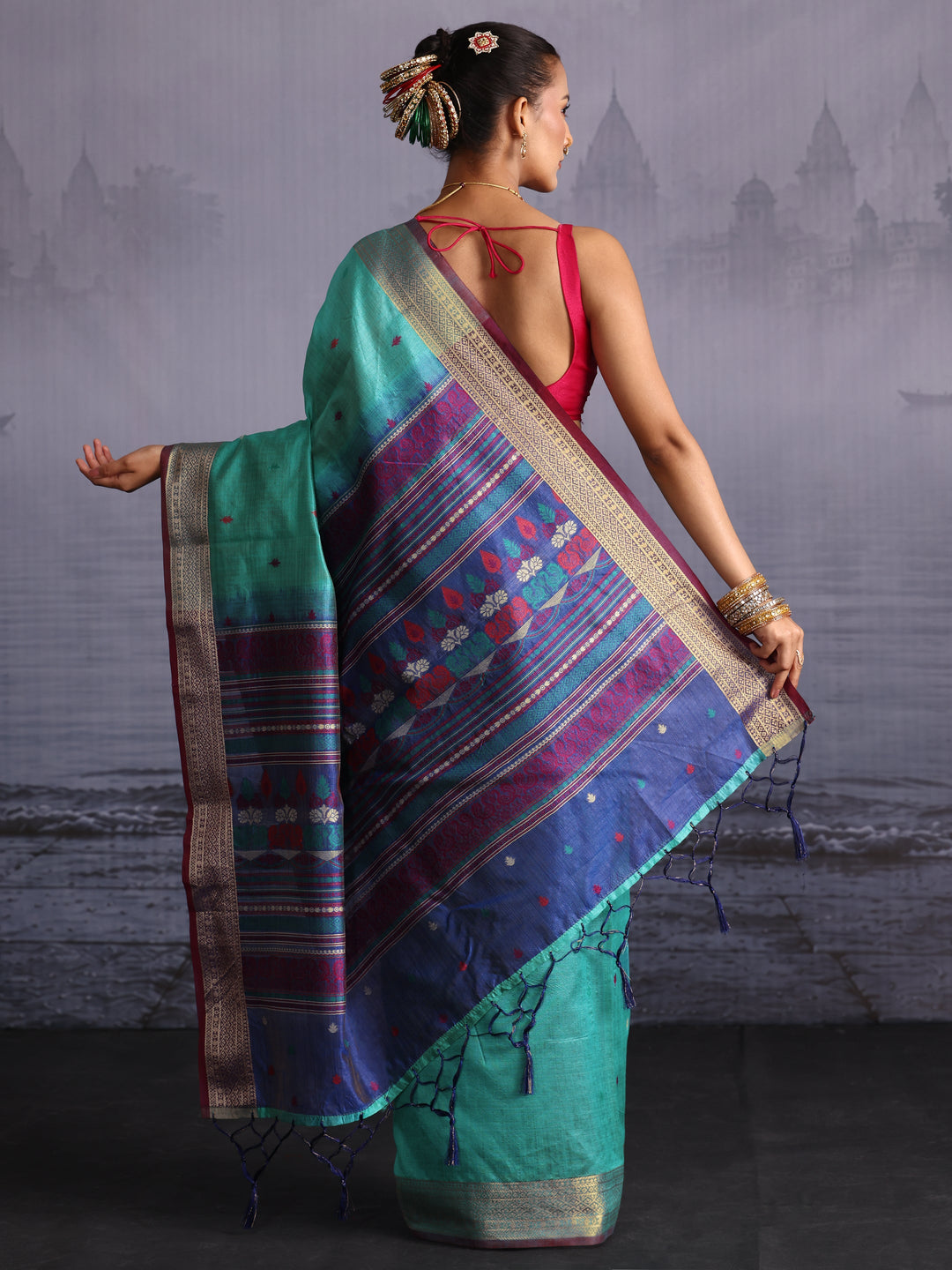 Libas Turquoise Blue Jacquard Woven Design Silk Blend Saree 