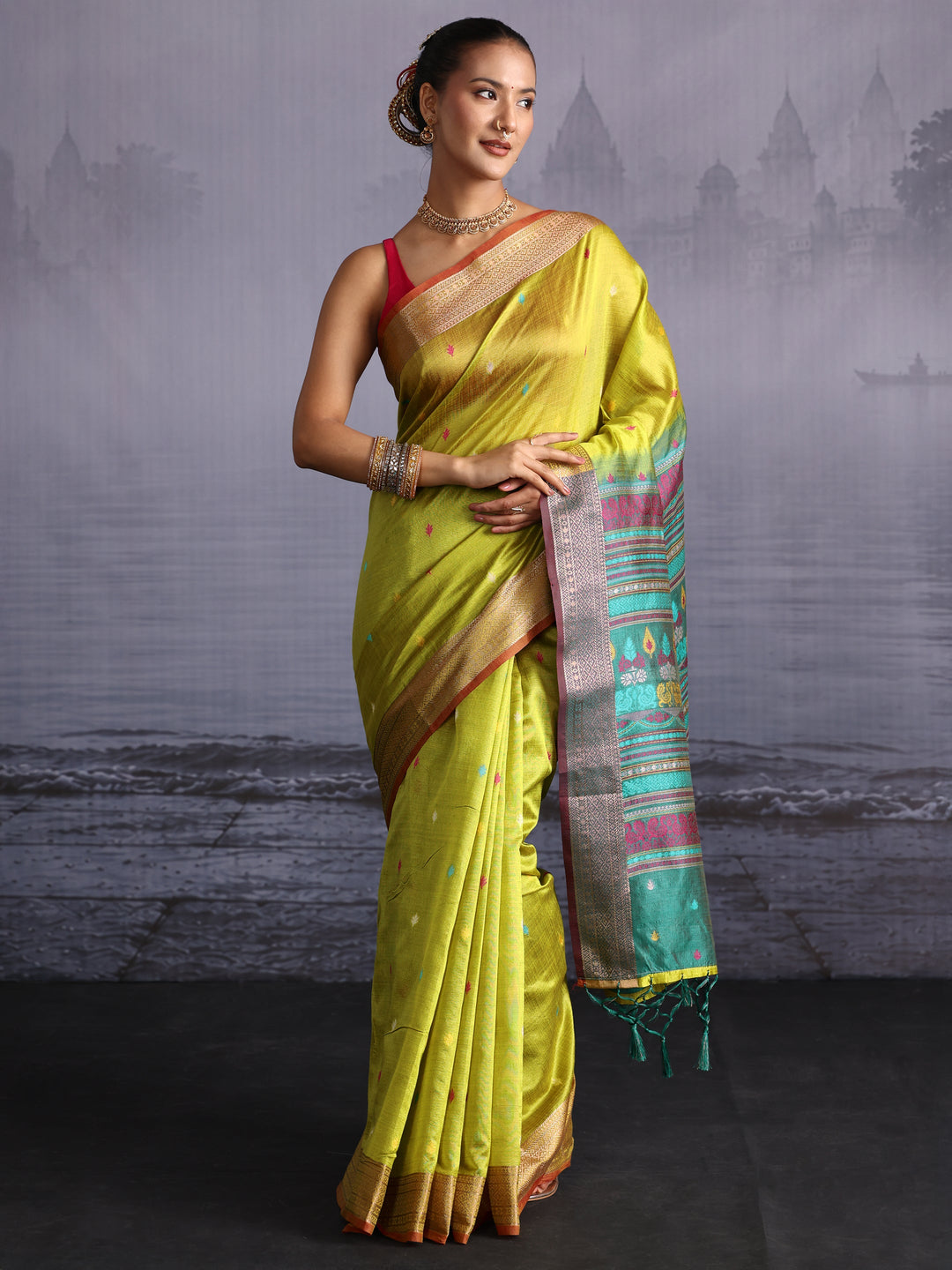  Libas Lime Green Jacquard Woven Design Silk Blend Saree 