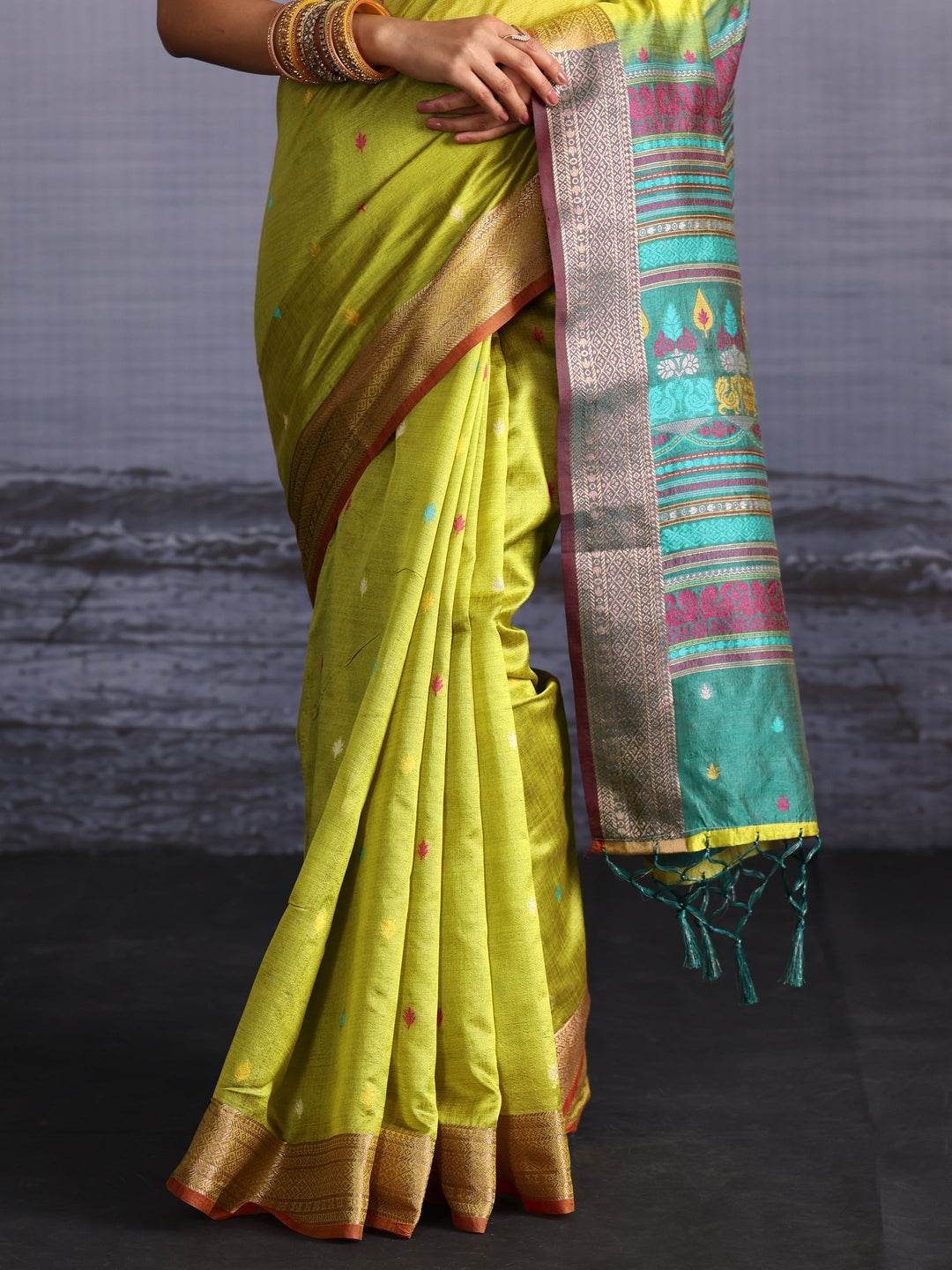  Libas Lime Green Jacquard Woven Design Silk Blend Saree 