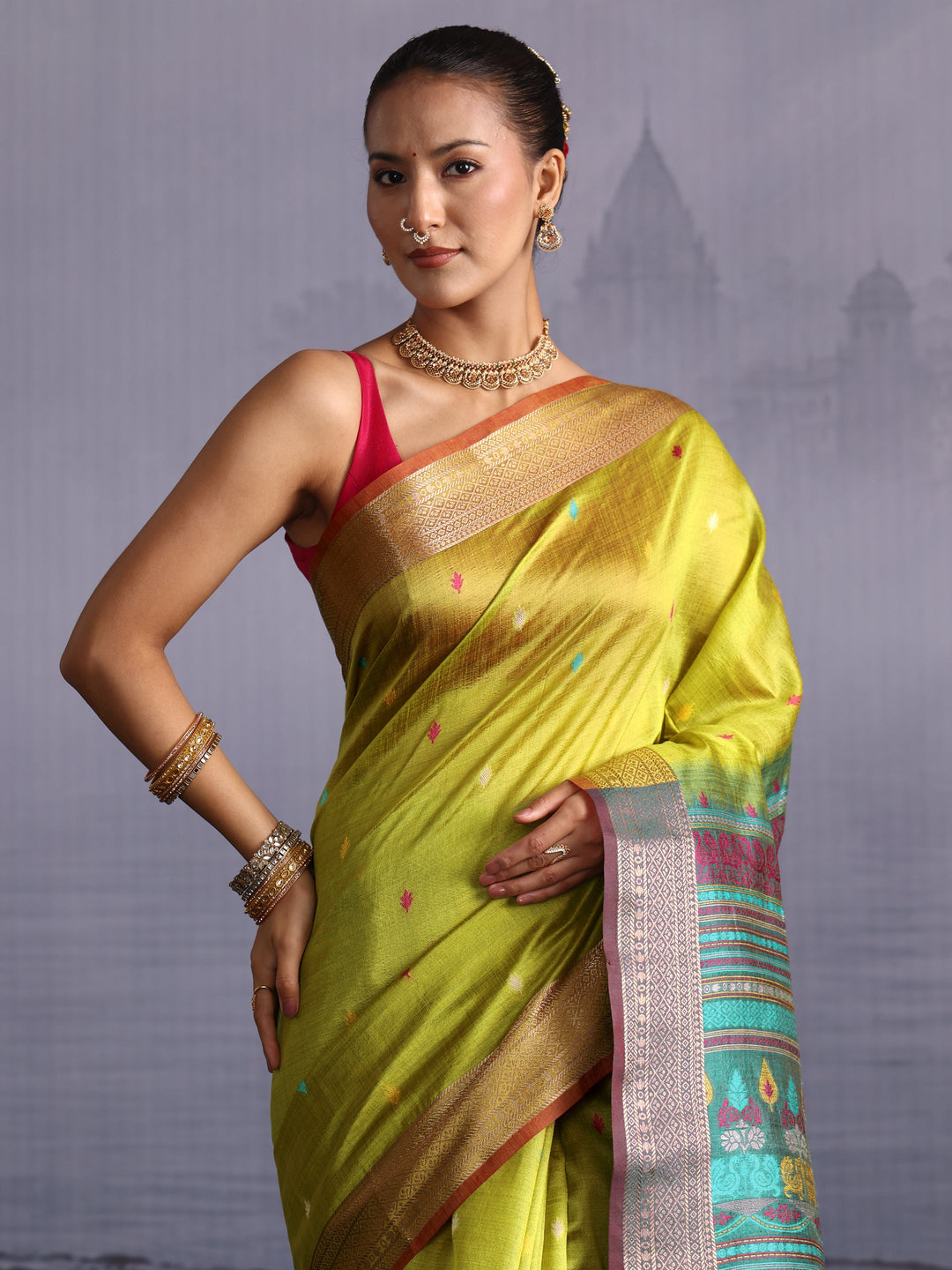 Libas Lime Green Jacquard Woven Design Silk Blend Saree 