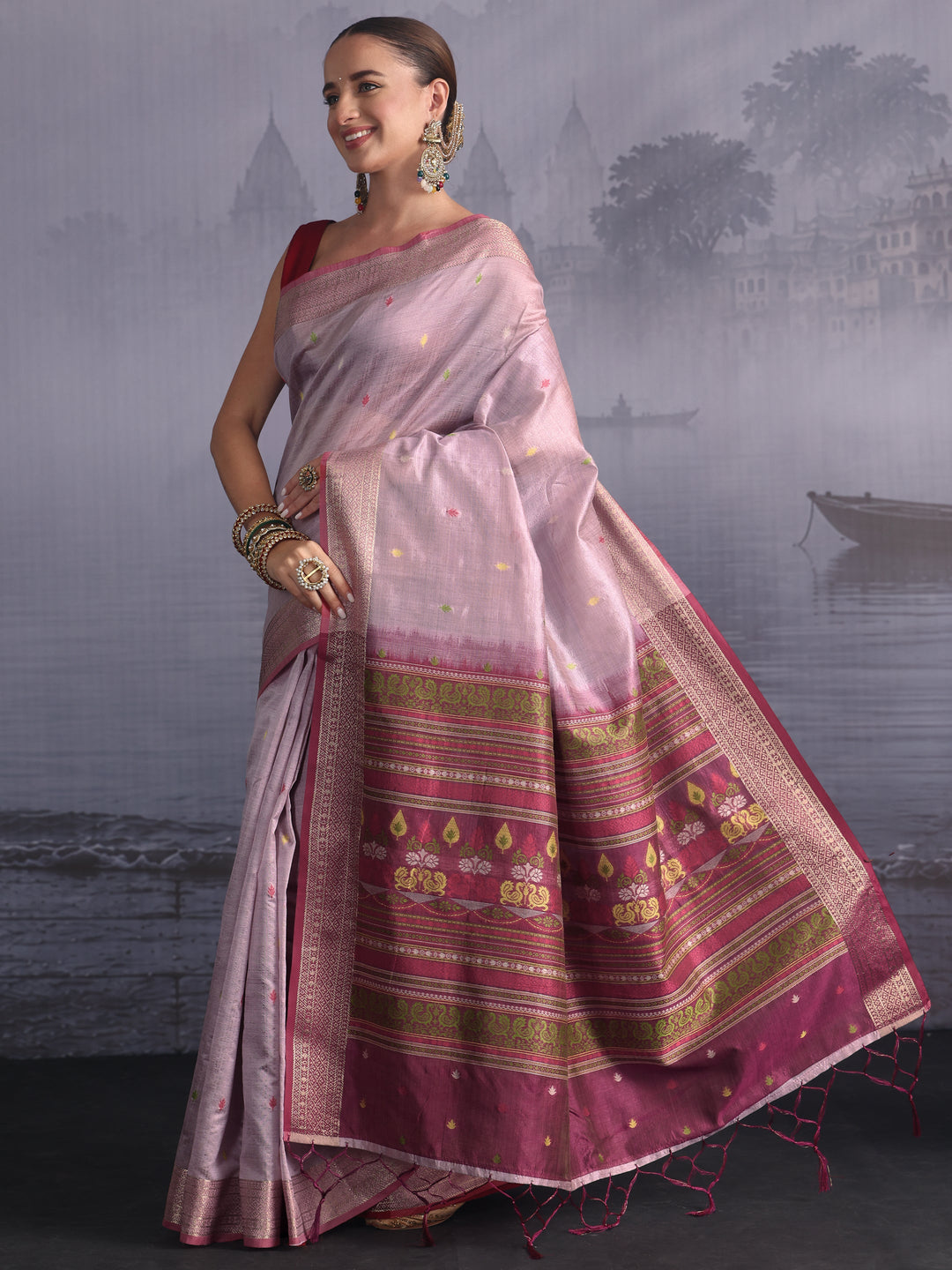  Libas Lavender Jacquard Woven Design Silk Blend Saree 