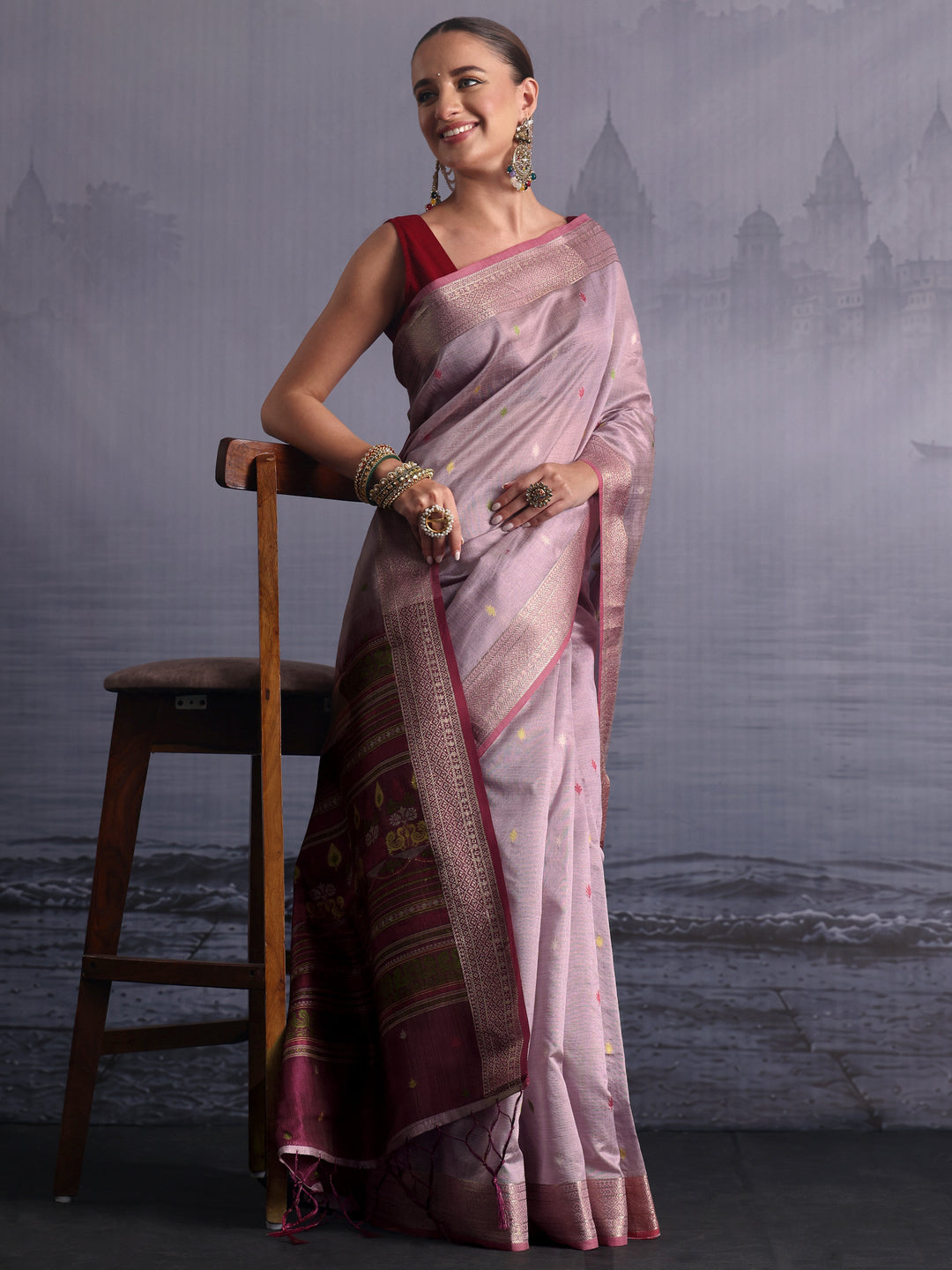  Libas Lavender Jacquard Woven Design Silk Blend Saree 