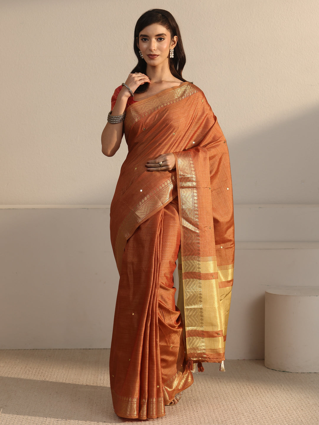  Libas Rust Brown Woven Design Silk Blend Saree 
