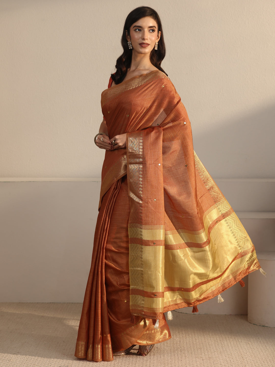  Libas Rust Brown Woven Design Silk Blend Saree 