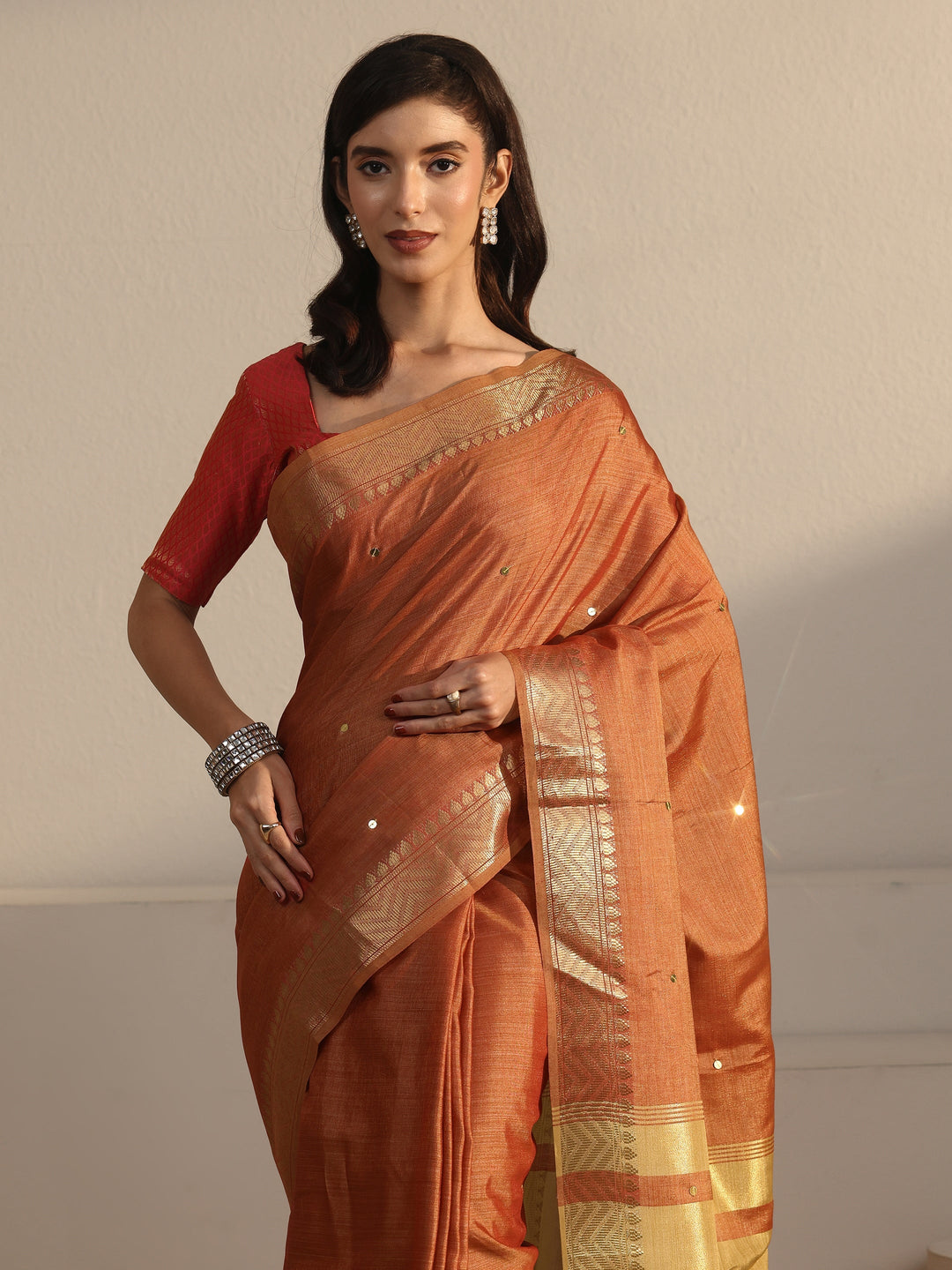  Libas Rust Brown Woven Design Silk Blend Saree 
