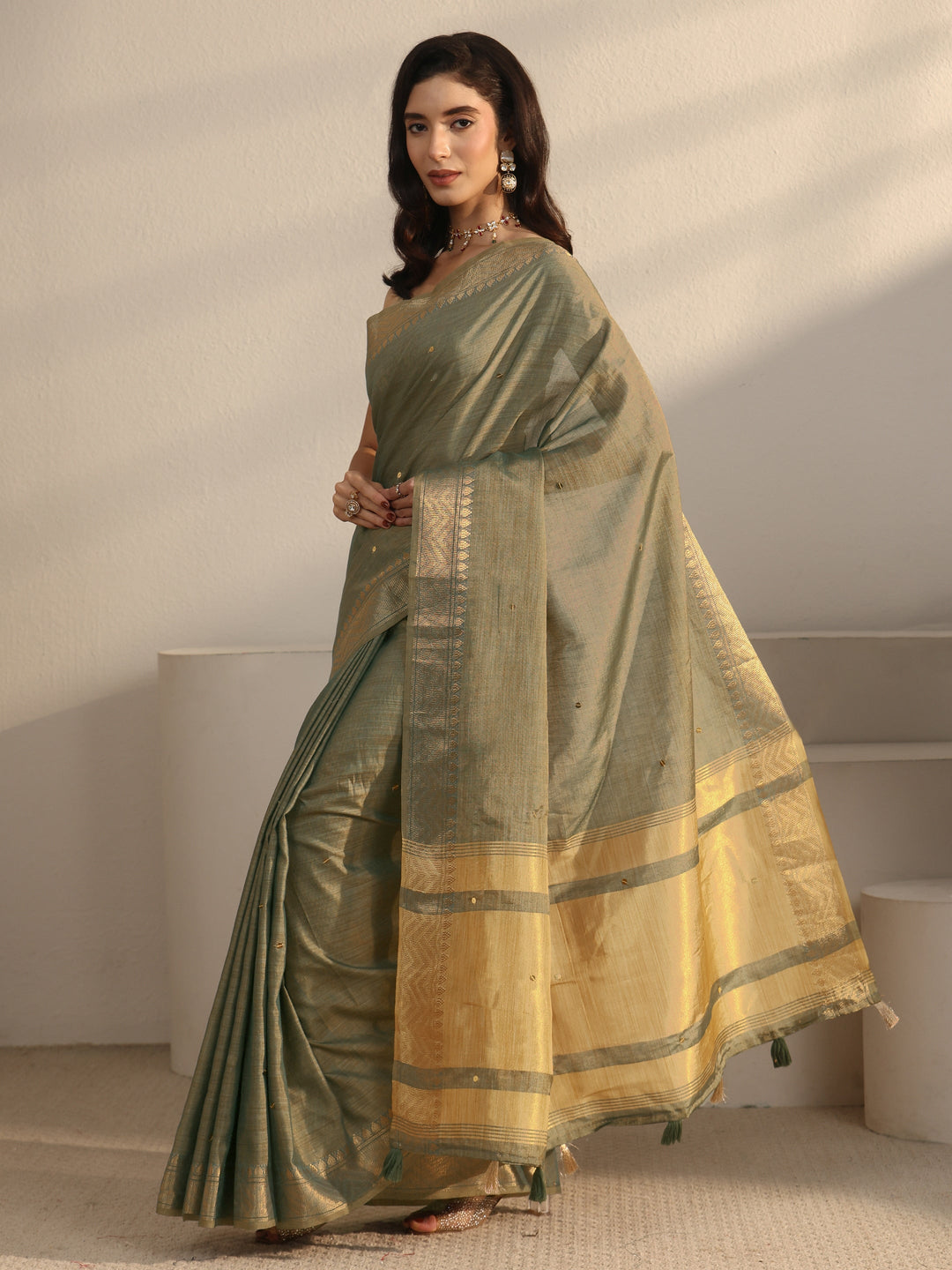  Libas Sage Green Woven Design Silk Blend Saree 