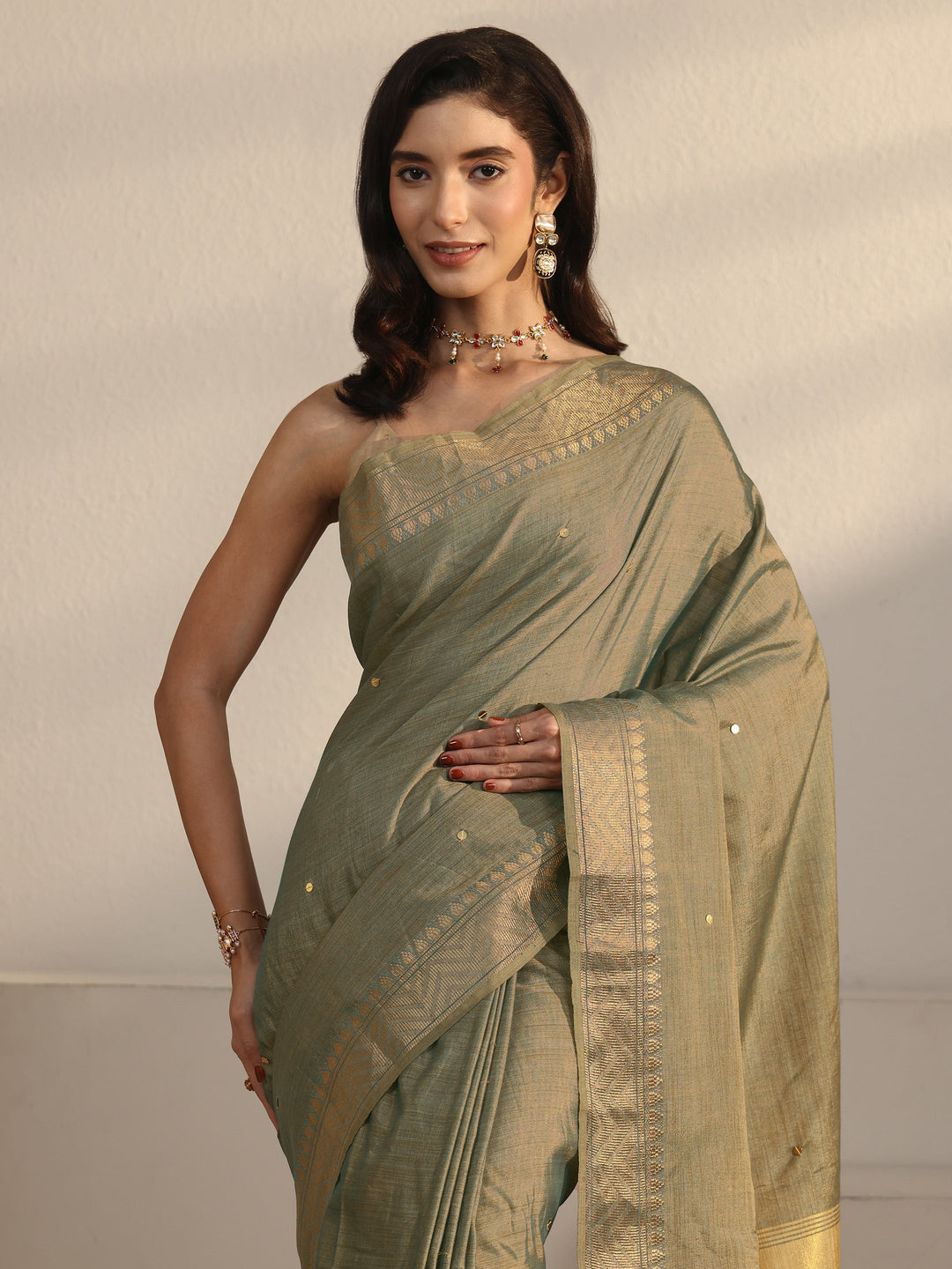  Libas Sage Green Woven Design Silk Blend Saree 