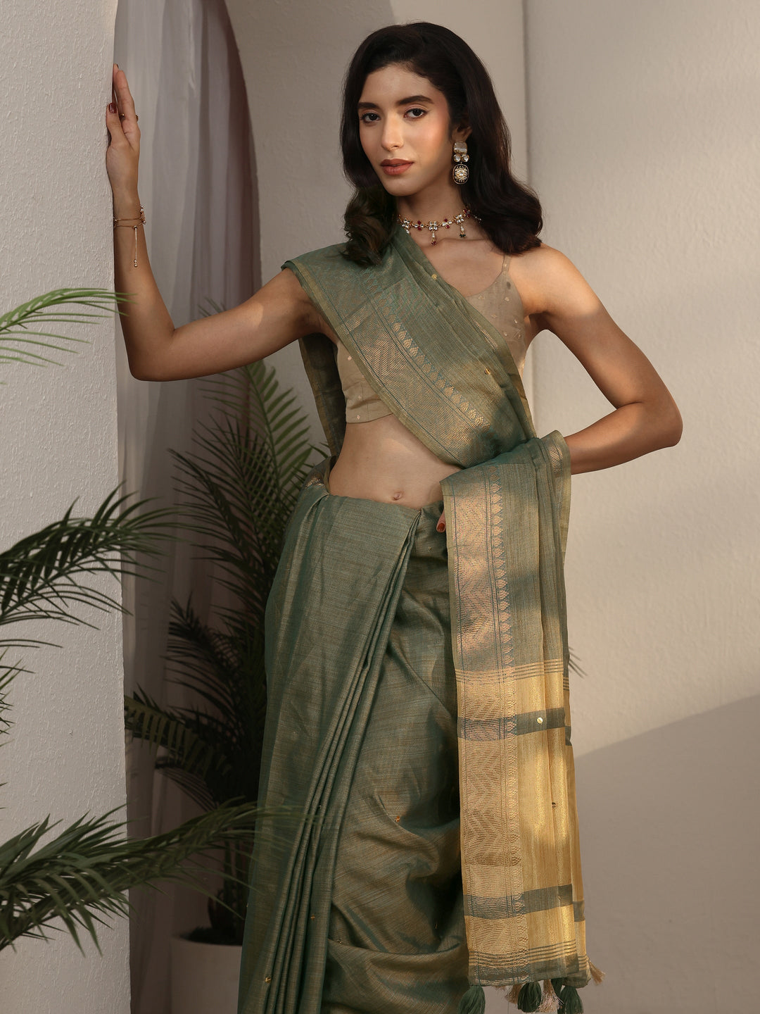  Libas Sage Green Woven Design Silk Blend Saree 