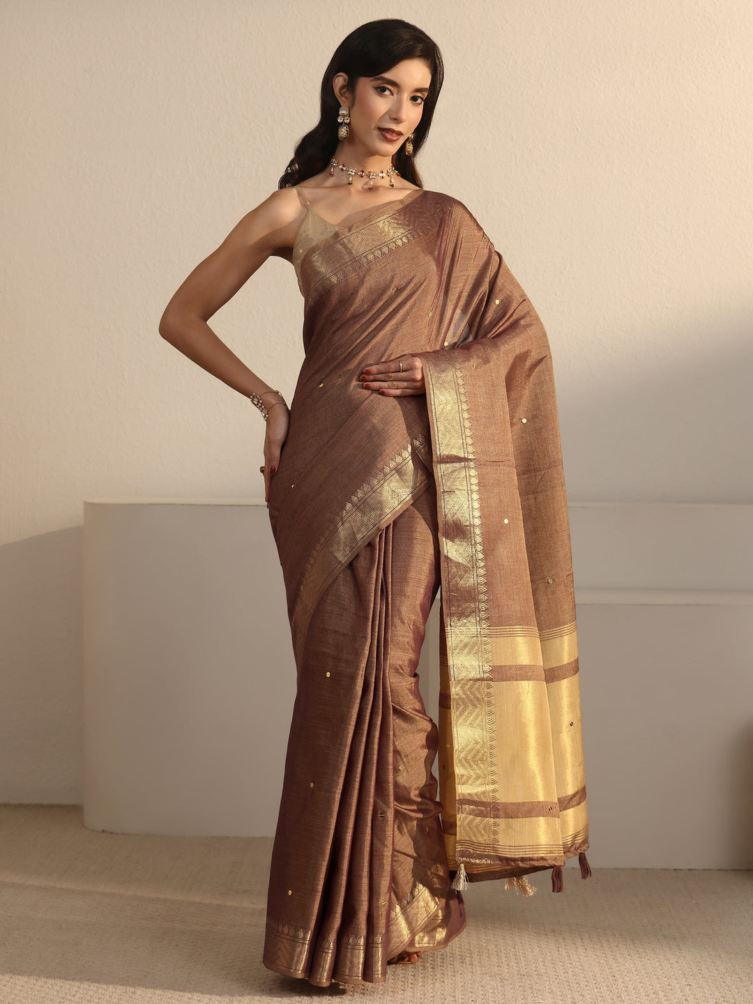  Libas Brown Woven Design Silk Blend Saree 