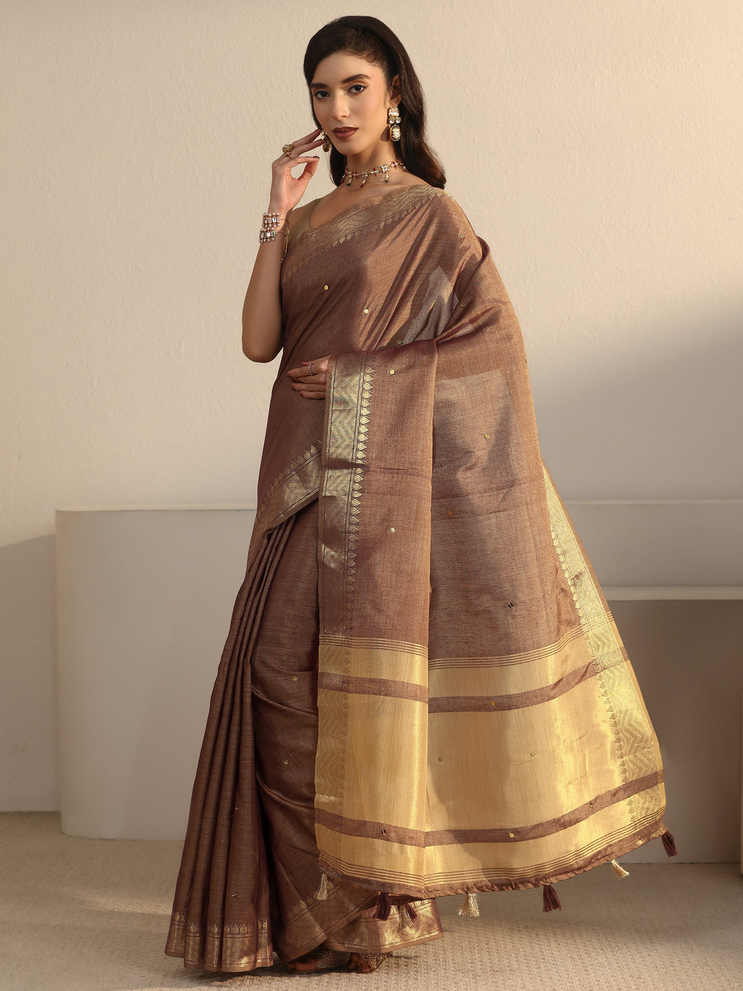  Libas Brown Woven Design Silk Blend Saree 