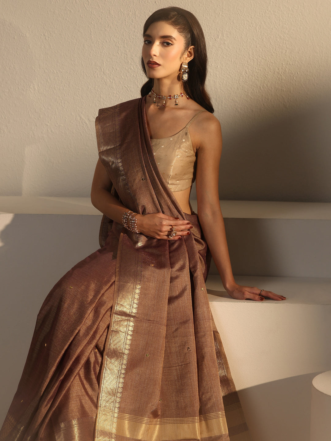  Libas Brown Woven Design Silk Blend Saree 