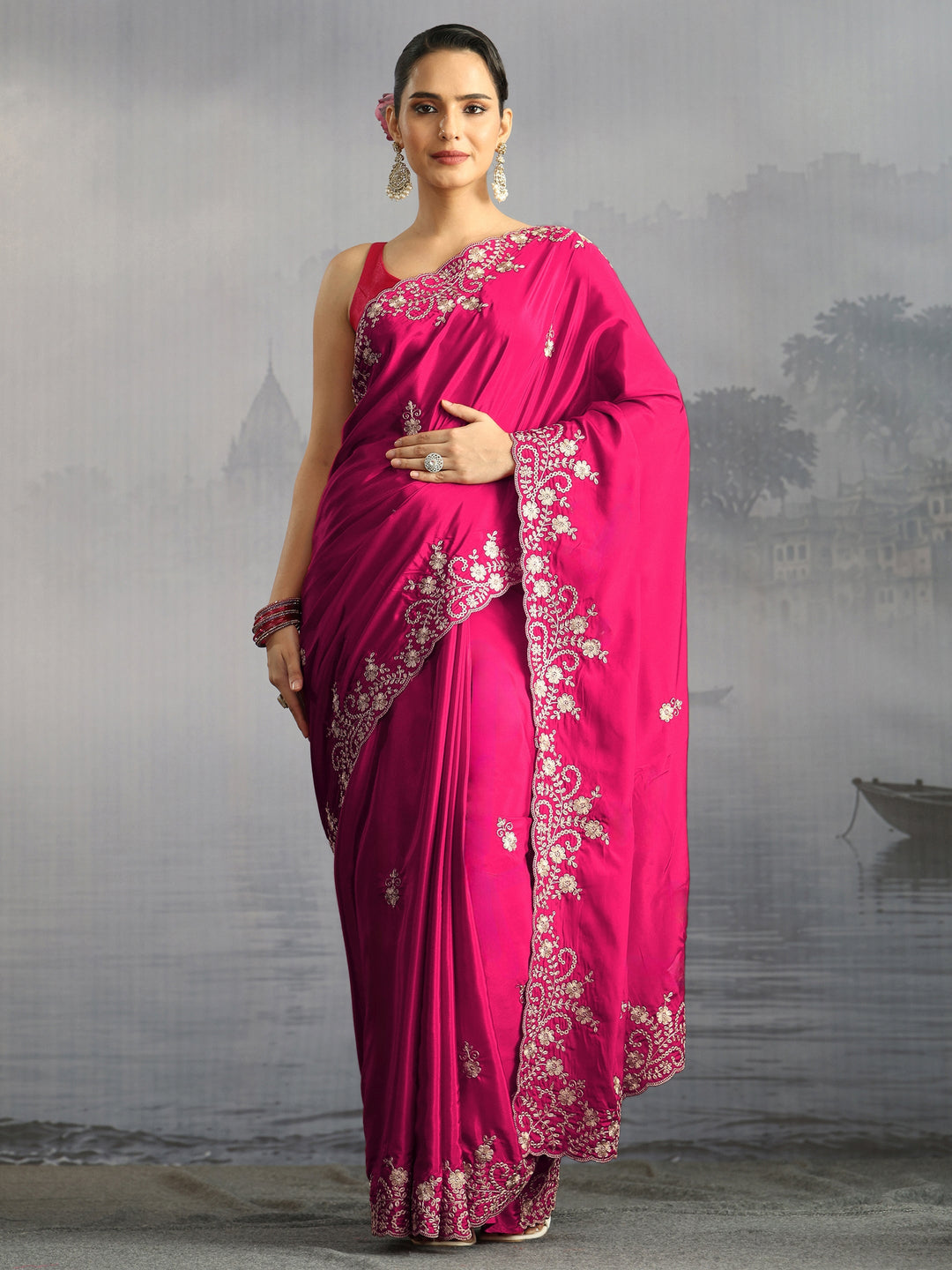  Libas Rani Pink Floral Embroidered Satin Saree with Scalloped Border 