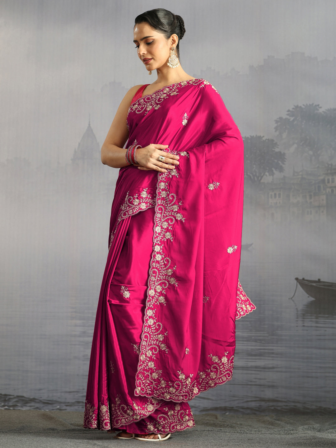  Libas Rani Pink Floral Embroidered Satin Saree with Scalloped Border 