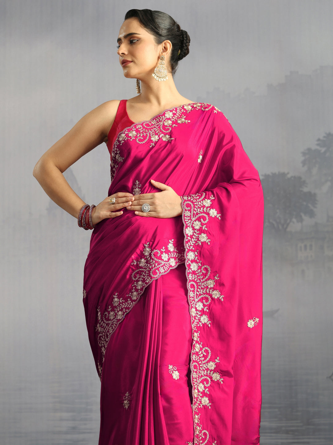  Libas Rani Pink Floral Embroidered Satin Saree with Scalloped Border 