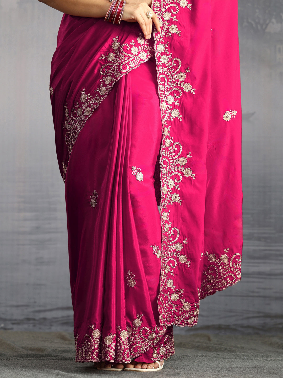  Libas Rani Pink Floral Embroidered Satin Saree with Scalloped Border 