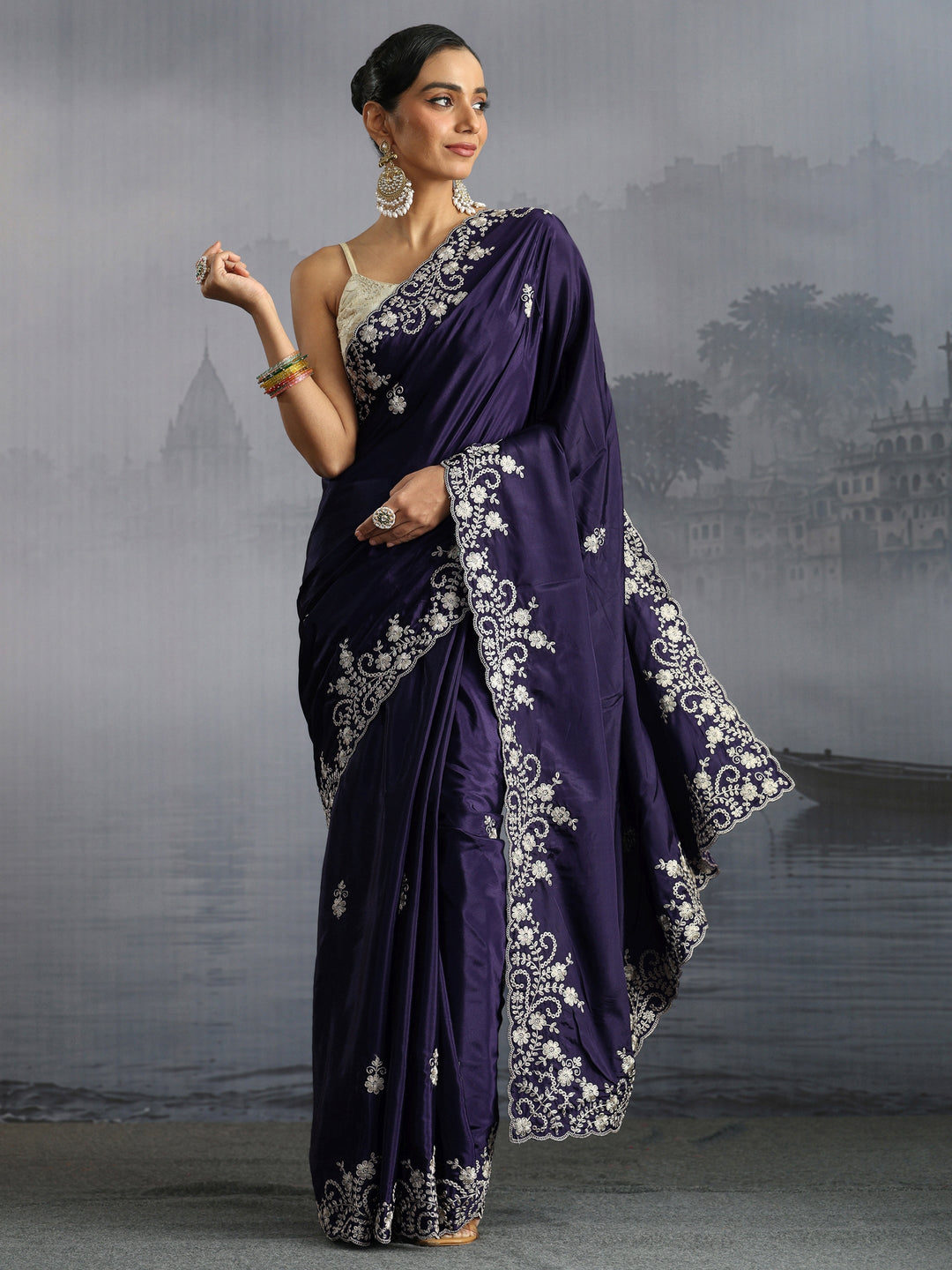  Libas Dark Purple Floral Embroidered Satin Saree with Scalloped Border 