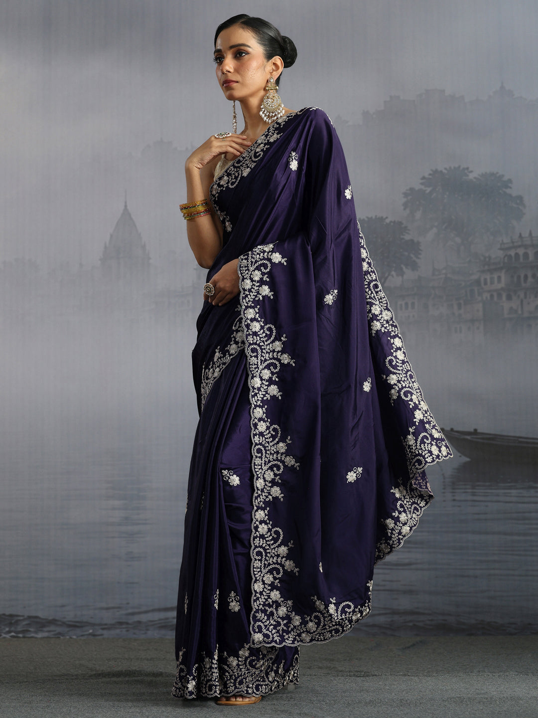  Libas Dark Purple Floral Embroidered Satin Saree with Scalloped Border 