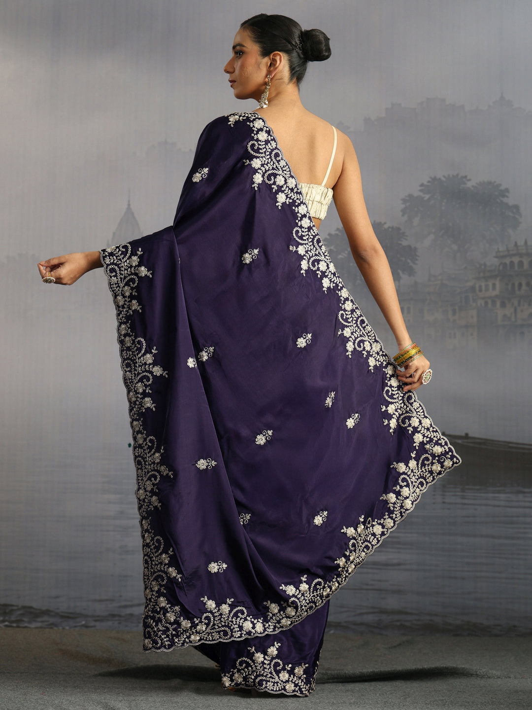  Libas Dark Purple Floral Embroidered Satin Saree with Scalloped Border 