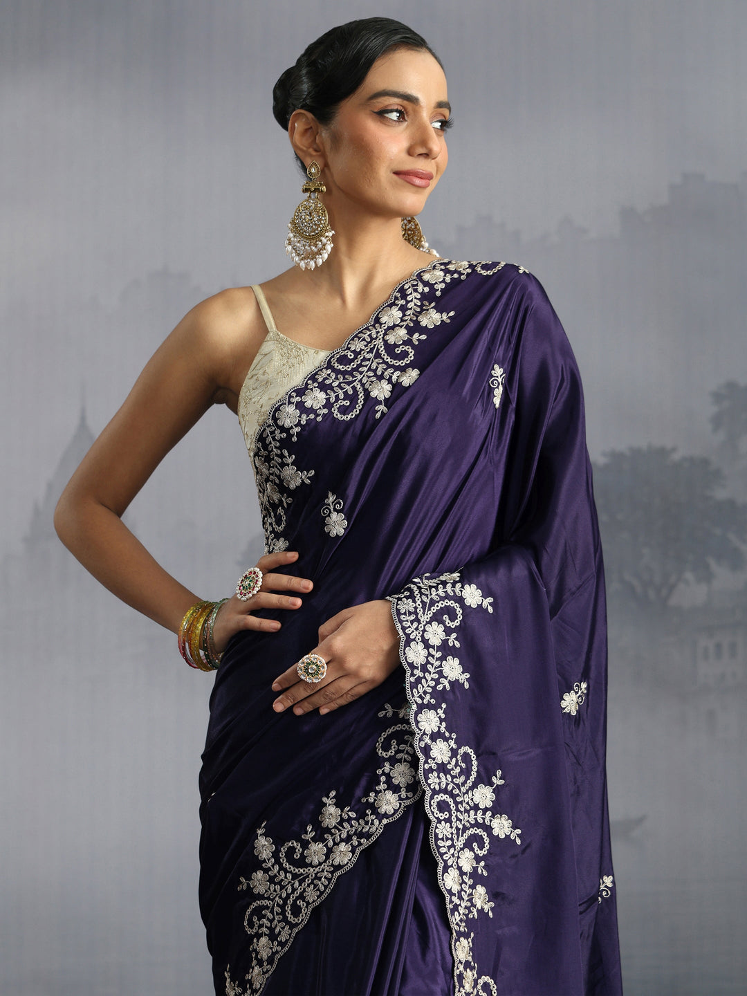  Libas Dark Purple Floral Embroidered Satin Saree with Scalloped Border 