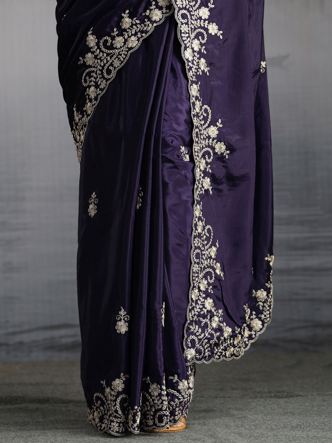  Libas Dark Purple Floral Embroidered Satin Saree with Scalloped Border 