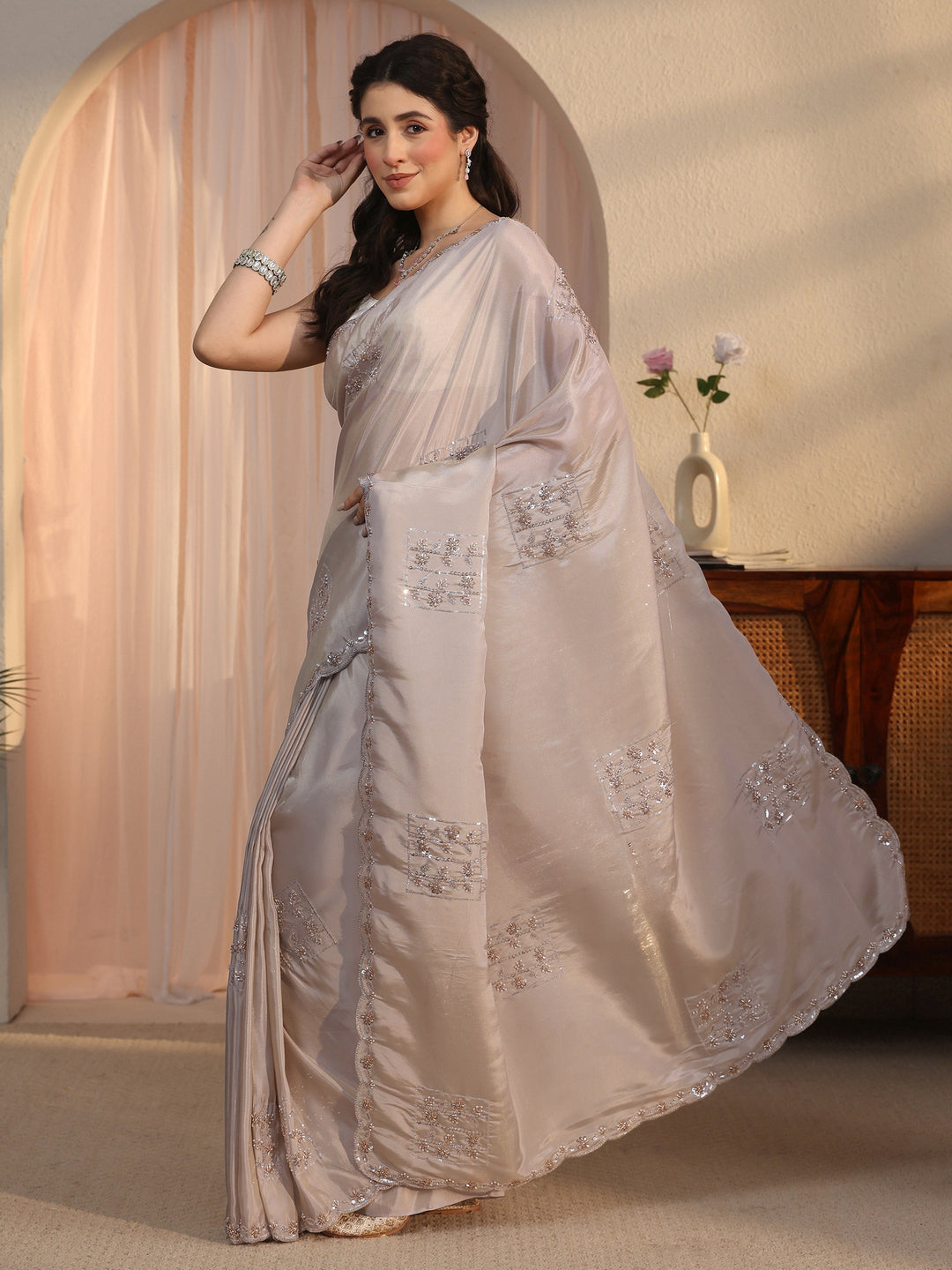  Libas Taupe Sequin Embellished Satin Saree with Scalloped Border 
