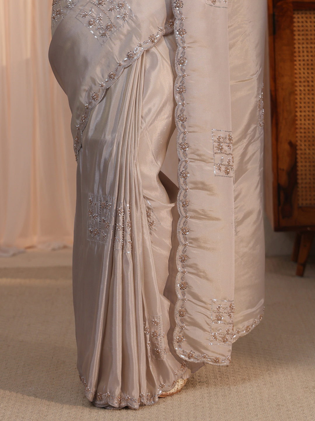  Libas Taupe Sequin Embellished Satin Saree with Scalloped Border 