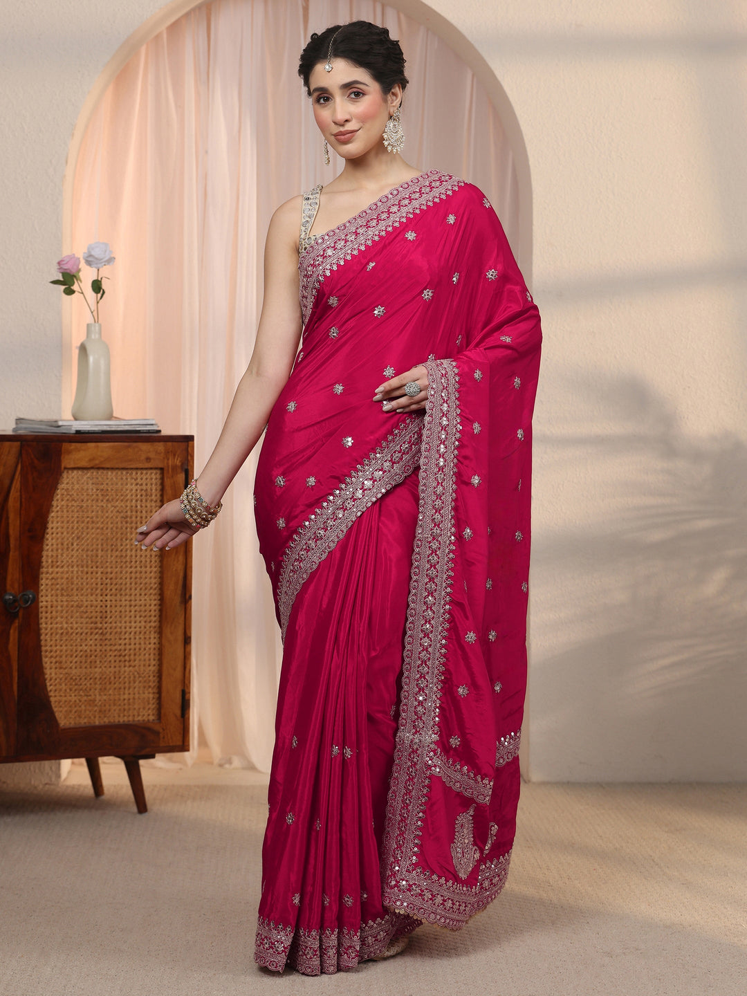  Libas Rani Pink Embroidered Satin Saree with Sequin Embellishments 