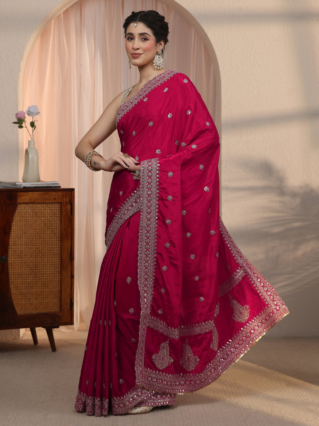  Libas Rani Pink Embroidered Satin Saree with Sequin Embellishments 