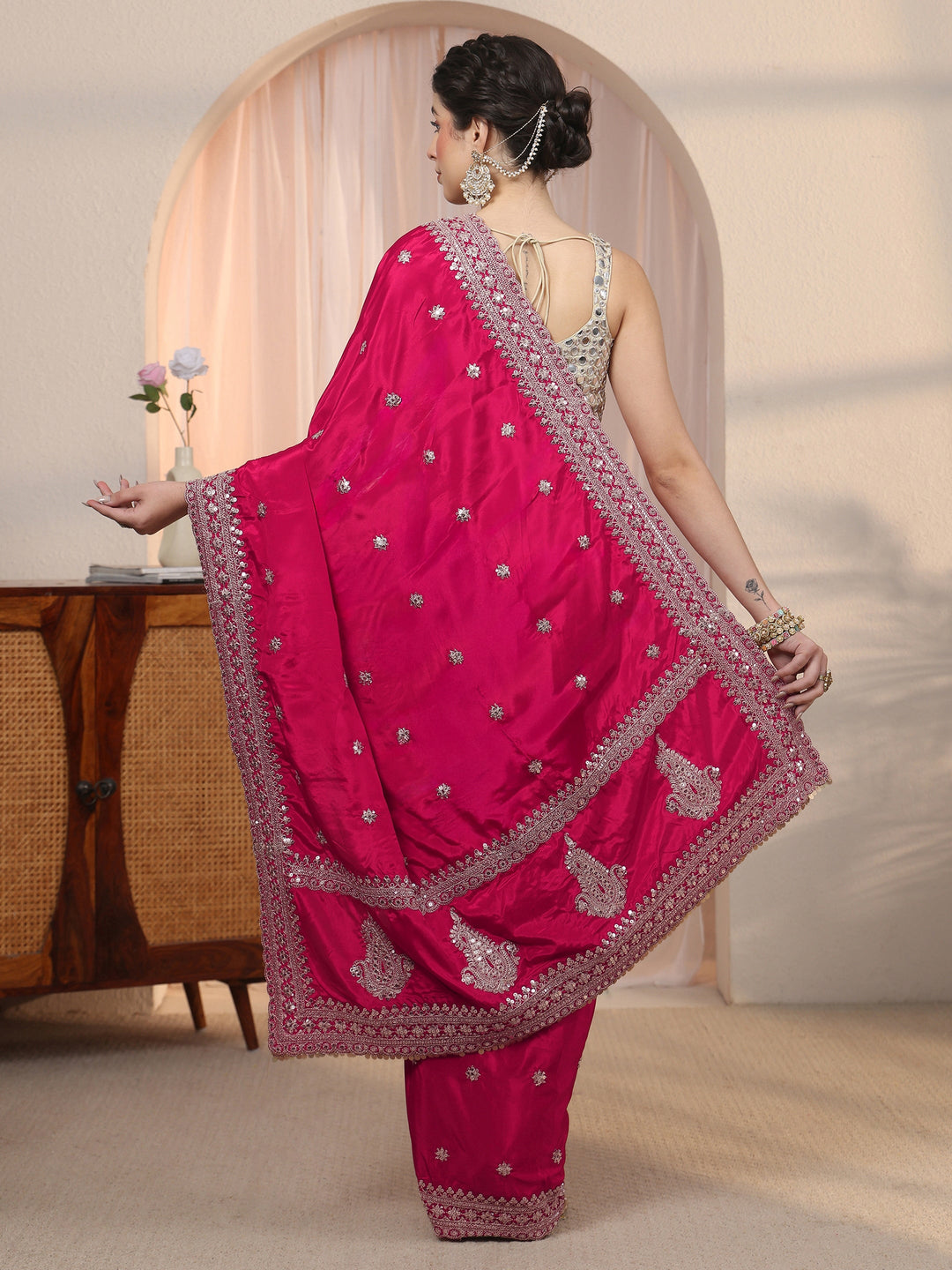  Libas Rani Pink Embroidered Satin Saree with Sequin Embellishments 