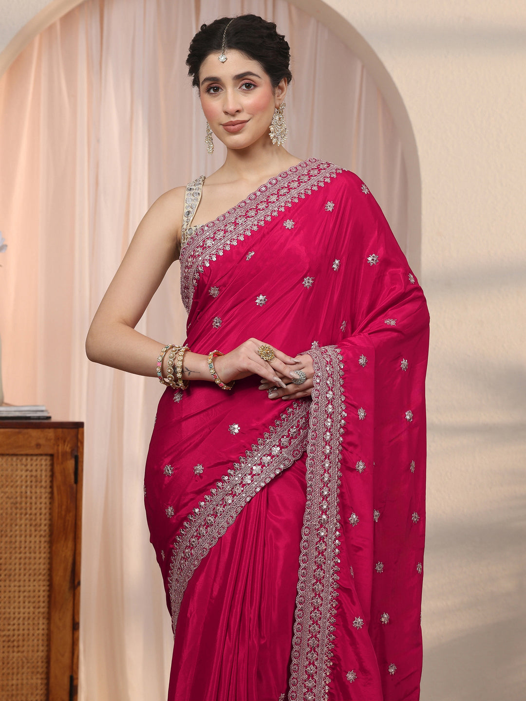  Libas Rani Pink Embroidered Satin Saree with Sequin Embellishments 