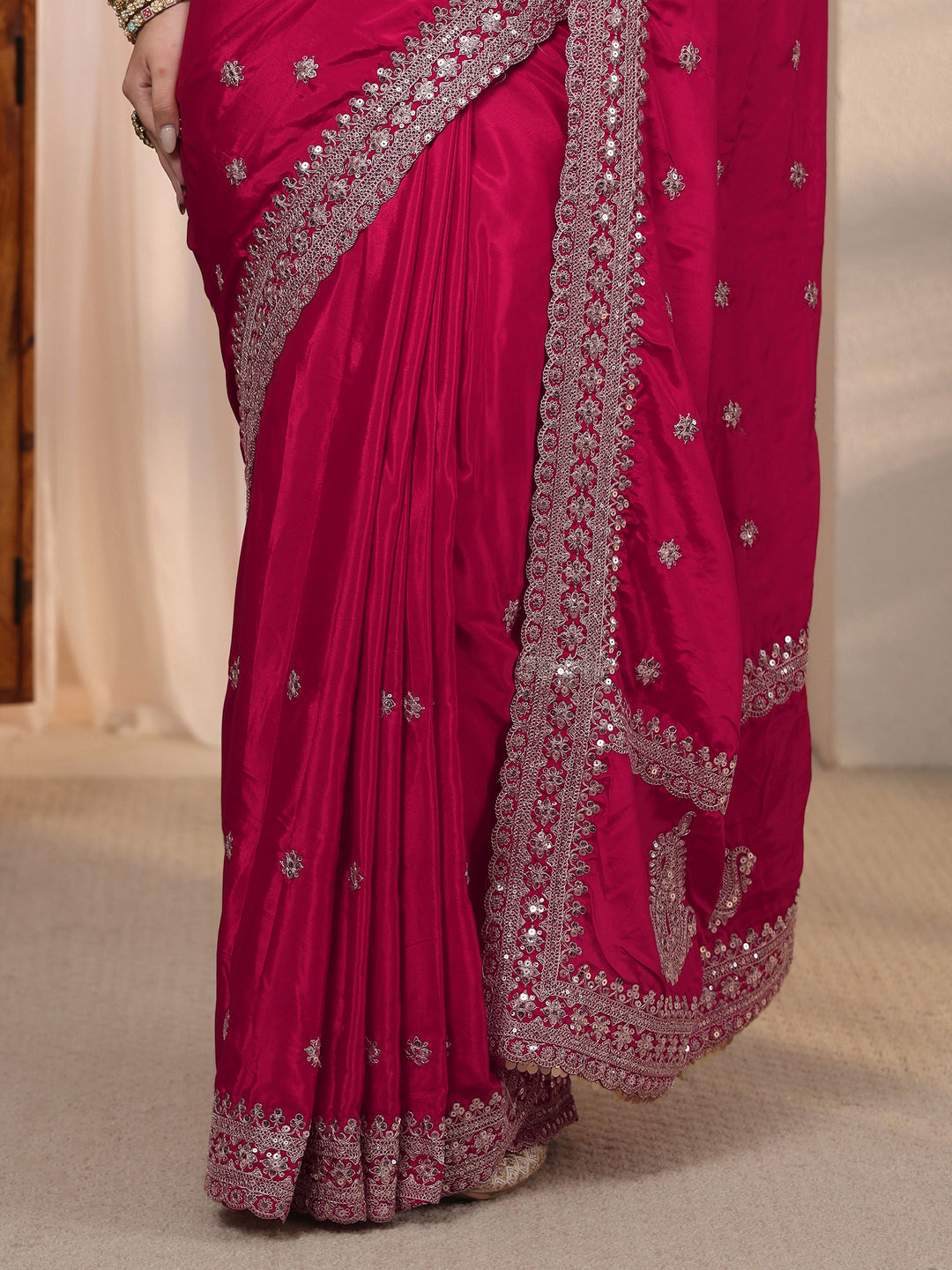  Libas Rani Pink Embroidered Satin Saree with Sequin Embellishments 