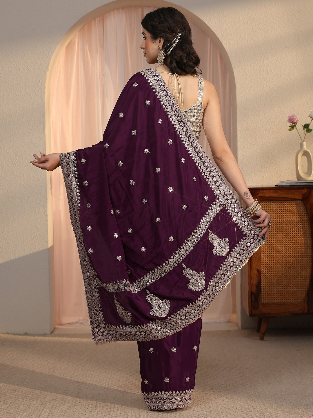  Libas Wine Embroidered Satin Saree with Sequin Embellishments 