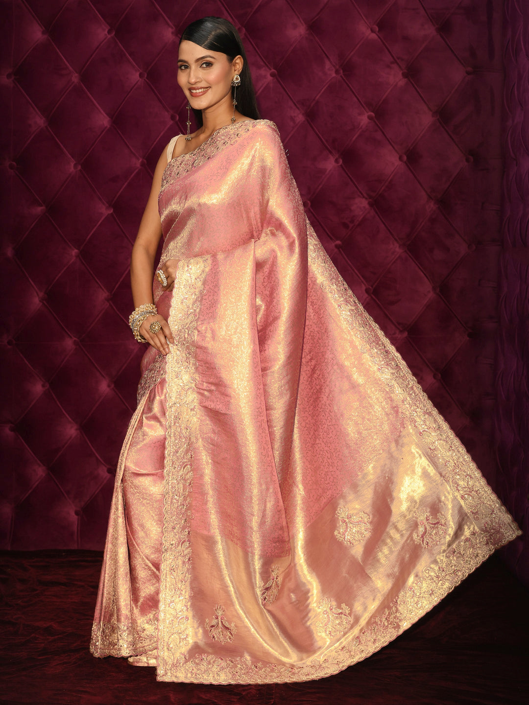  Libas Art Peach Woven Design Silk Blend Saree with Embroidered Border 