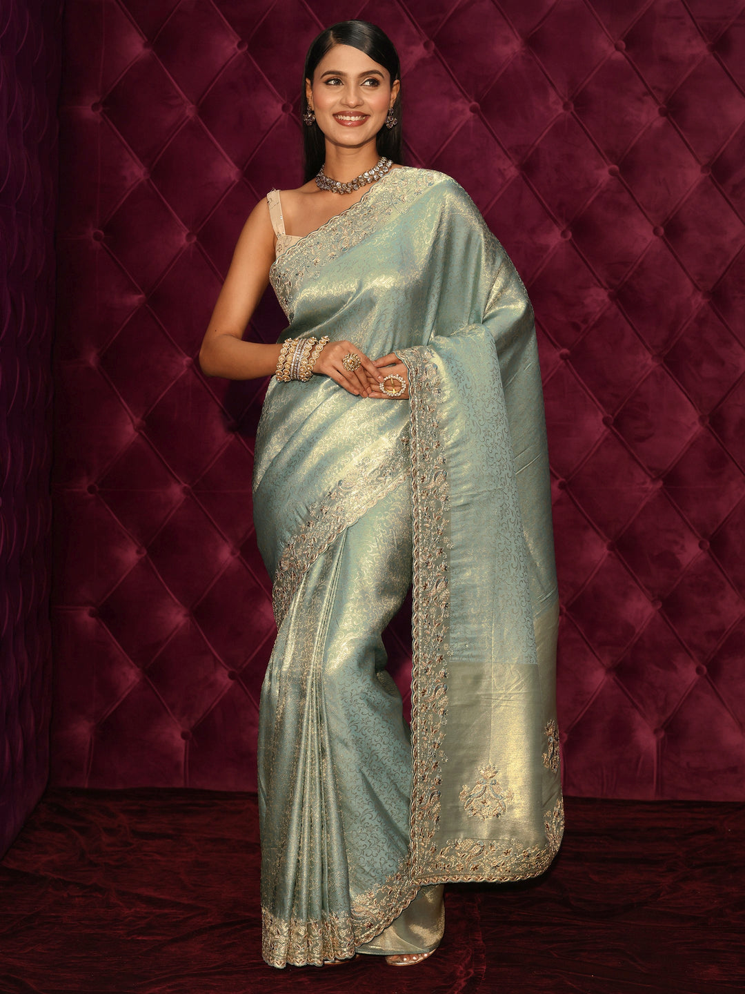  Libas Art Green Woven Design Silk Blend Saree with Embroidered Border 