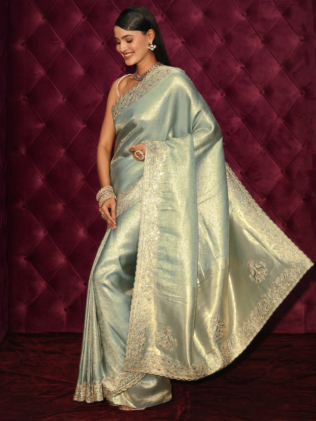  Libas Art Green Woven Design Silk Blend Saree with Embroidered Border 