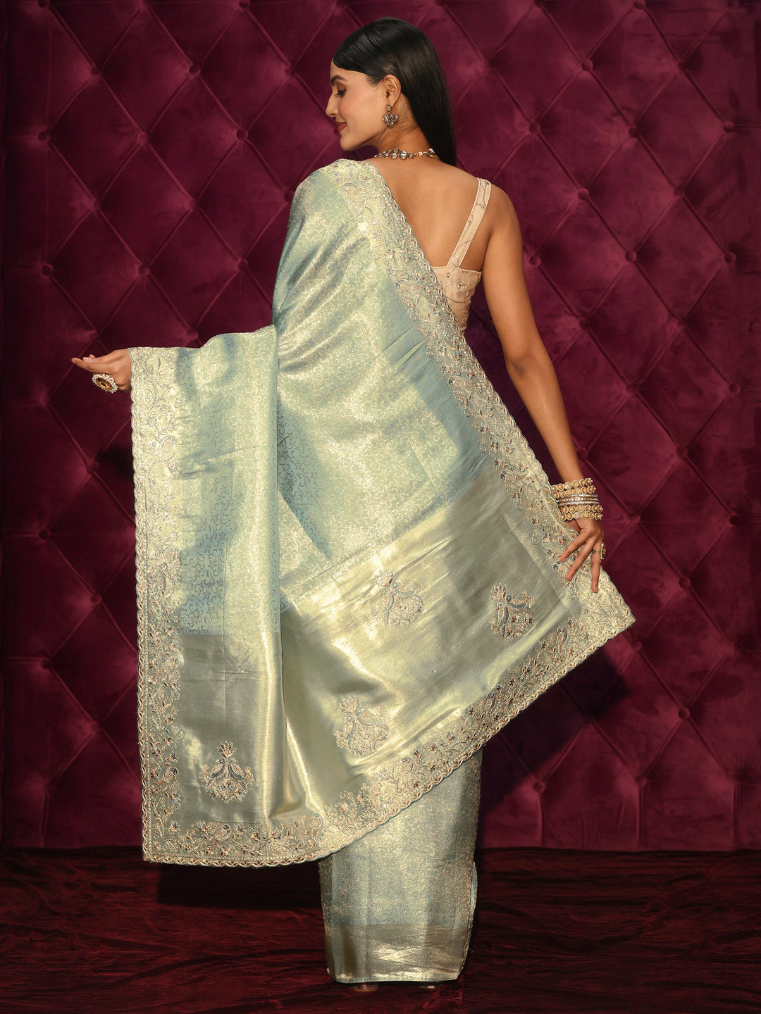  Libas Art Green Woven Design Silk Blend Saree with Embroidered Border 