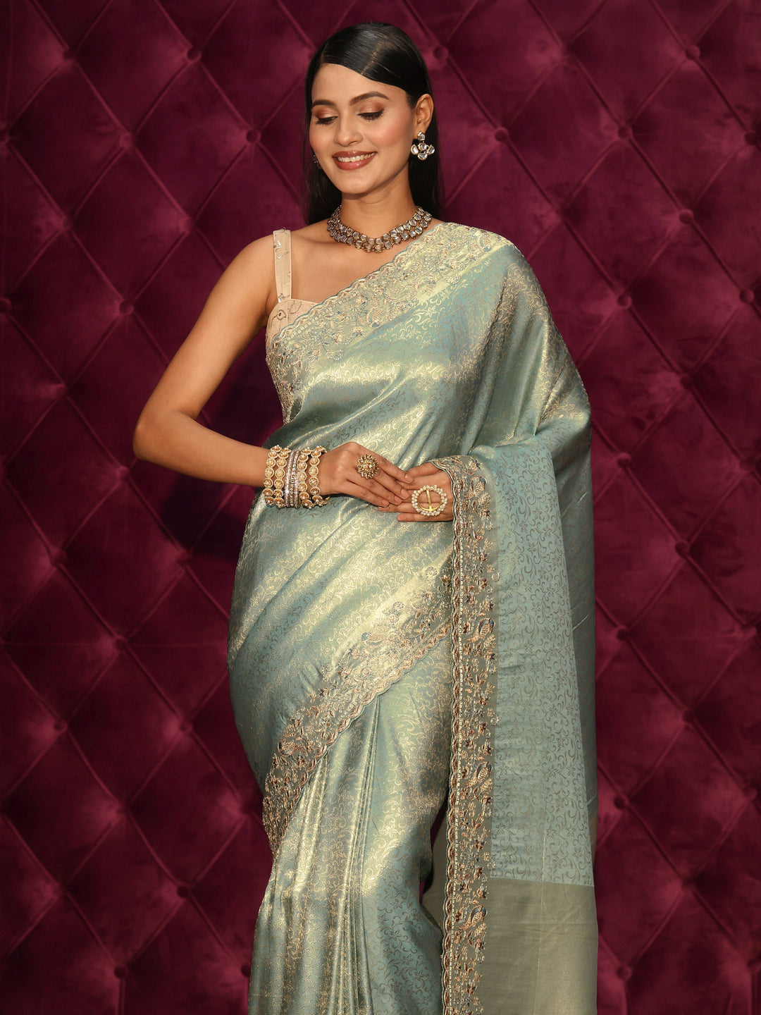  Libas Art Green Woven Design Silk Blend Saree with Embroidered Border 