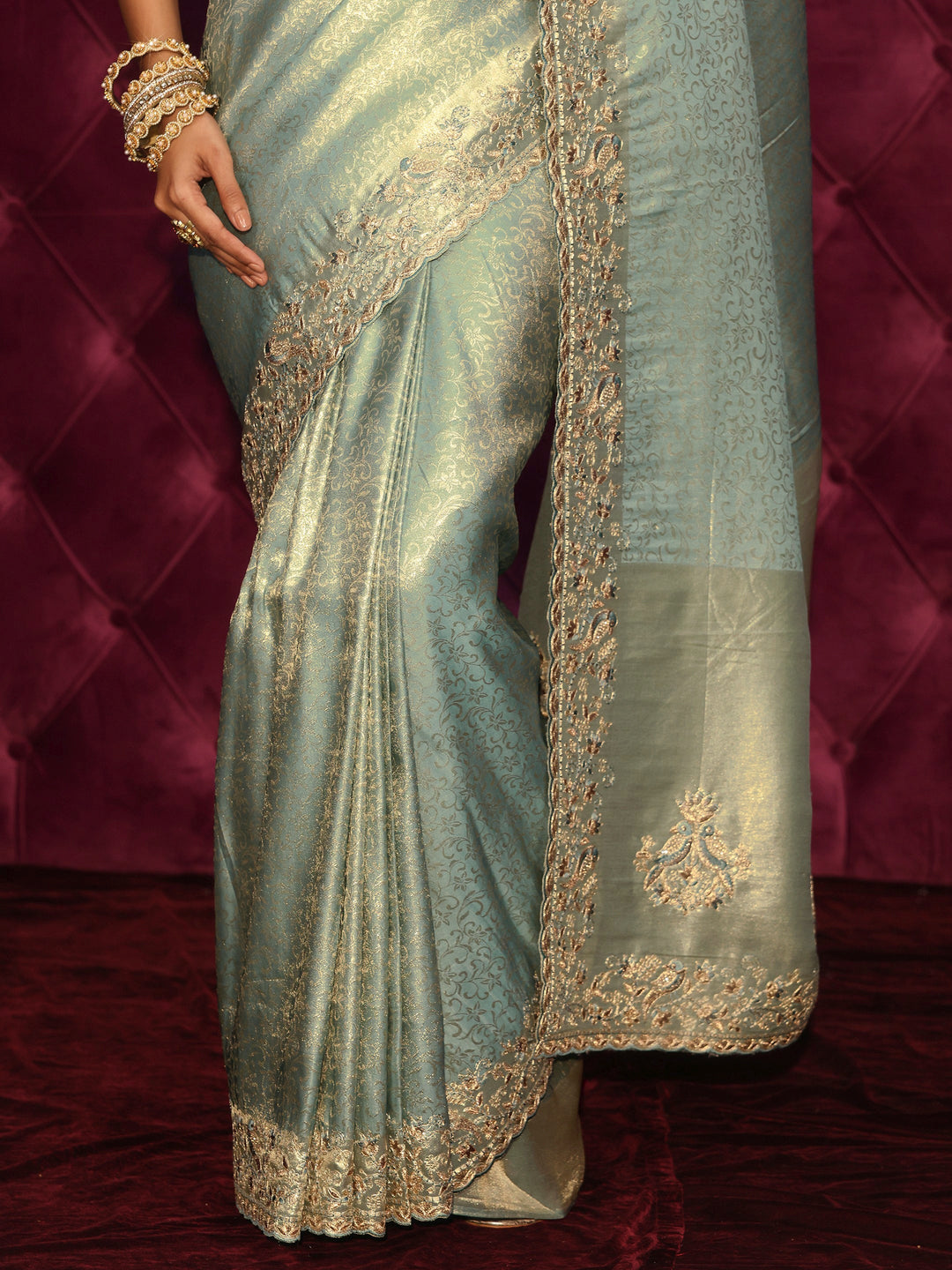  Libas Art Green Woven Design Silk Blend Saree with Embroidered Border 