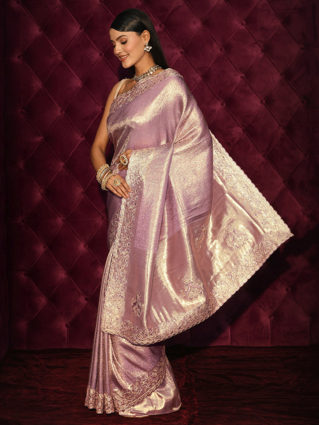  Libas Art Lavender Woven Design Silk Blend Saree with Embroidered Border 